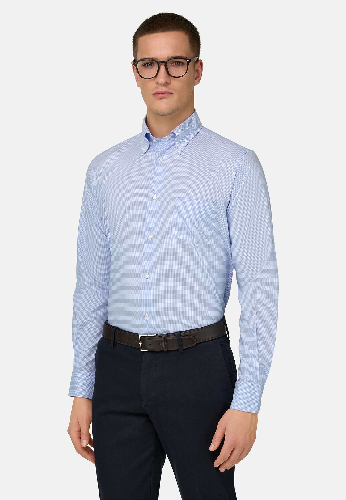 Camicia A Quadretti Di Cotone Regular Fit, Azzurro, hi-res, 1