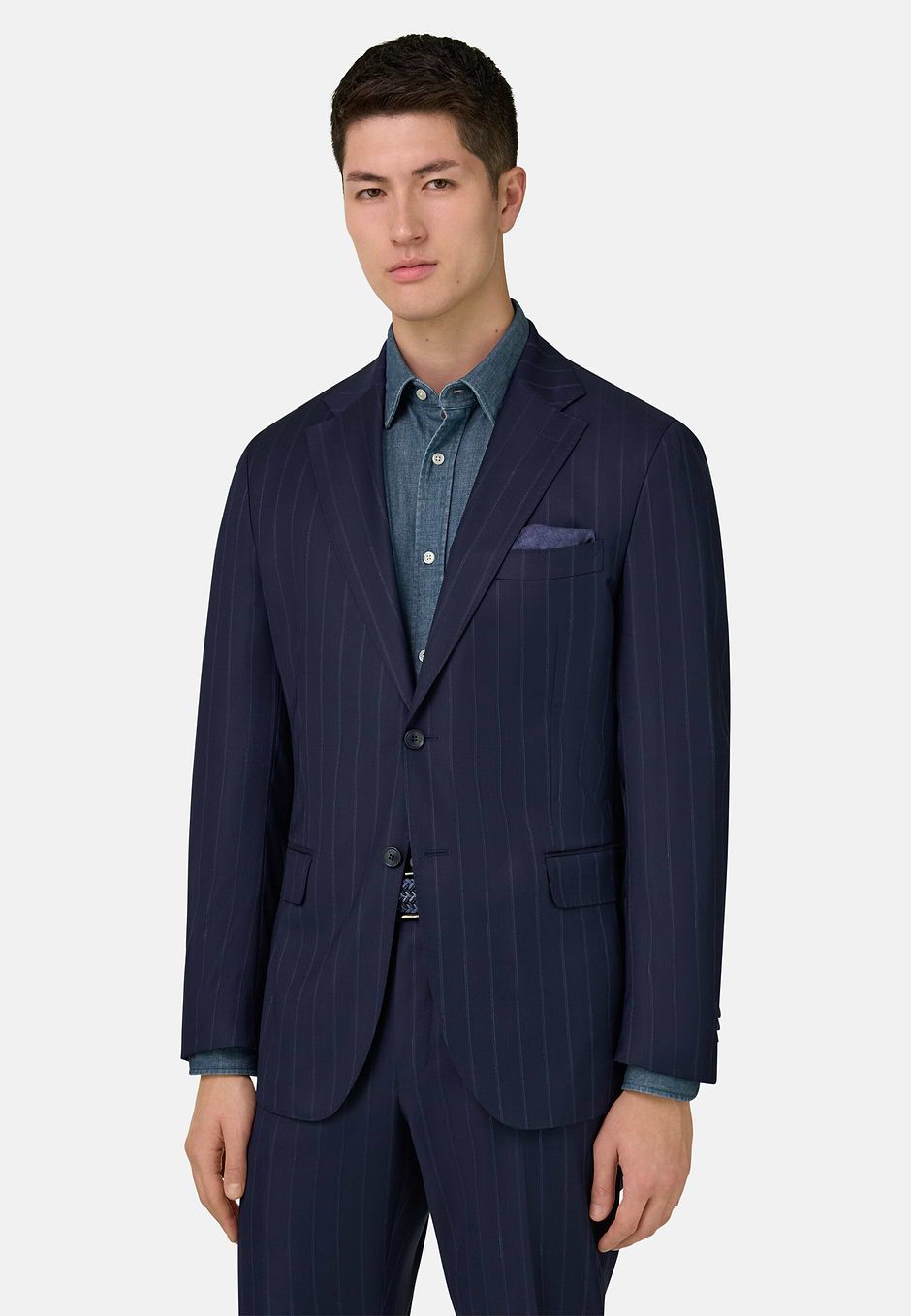 Pinstripe Suit in 130s Pure Wool, Navy blue, hi-res