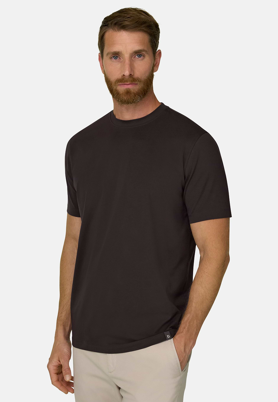 T-Shirt in Supima Katoen Jersey Elastisch, Brown, hi-res