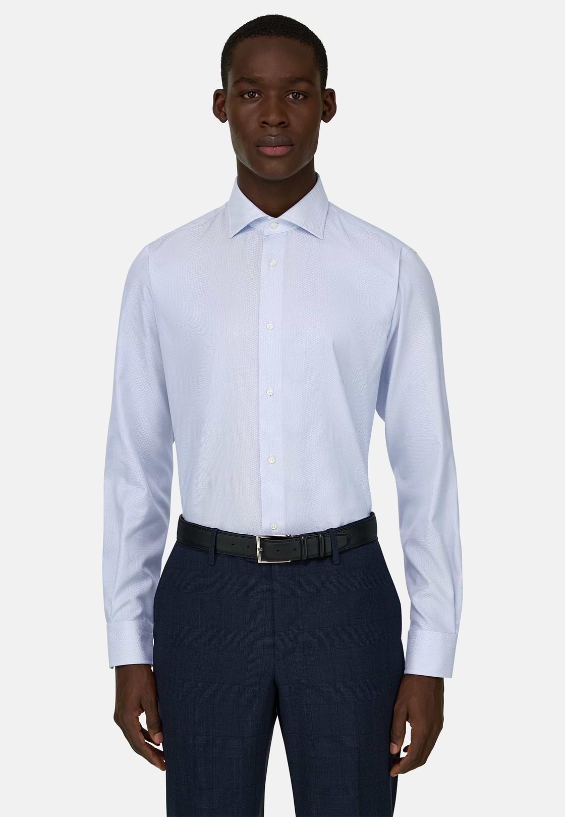 Camicia In Cotone Slim Fit, Azzurro, hi-res, 1