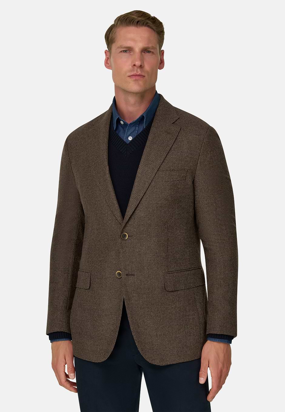 Veste Micromotif Fantaisie en Laine Cachemire, Marron, hi-res