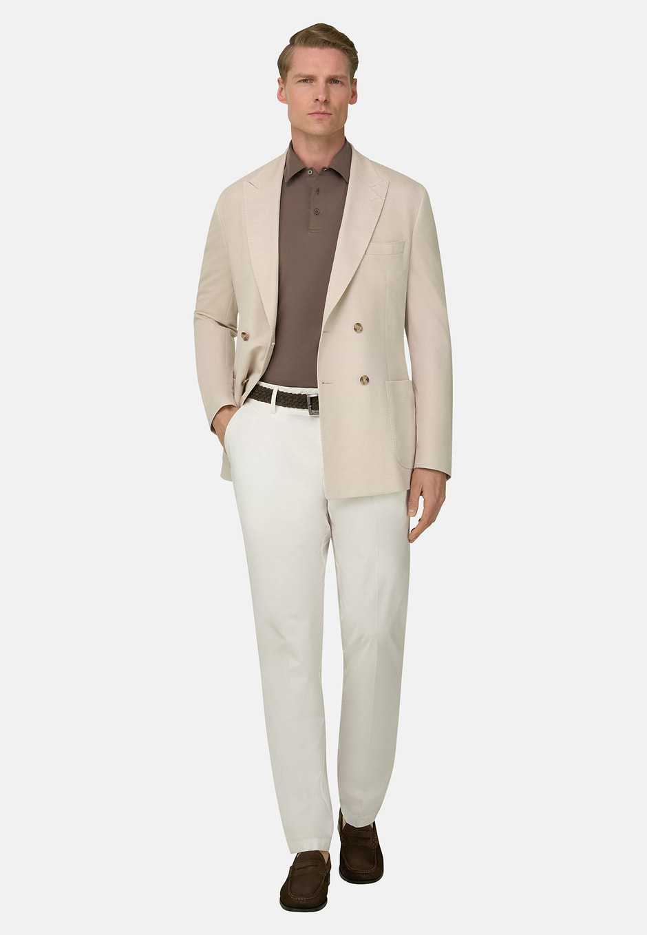 Giacca Doppio Petto Micro Struttura In Puro Cotone, Sabbia, hi-res