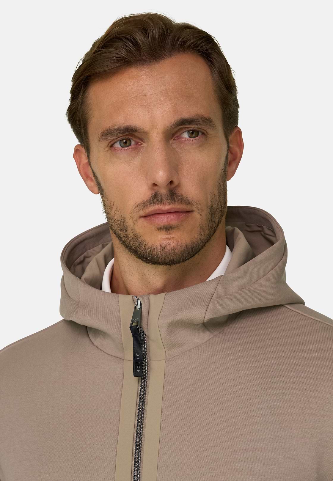 Felpa Full Zip Cappuccio in Misto Cotone Scuba B Tech, Beige, hi-res, 3