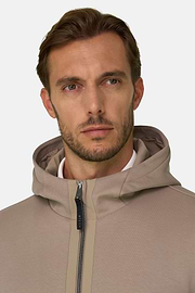 Felpa Full Zip Cappuccio in Misto Cotone Scuba B Tech, Beige, thumb, 3