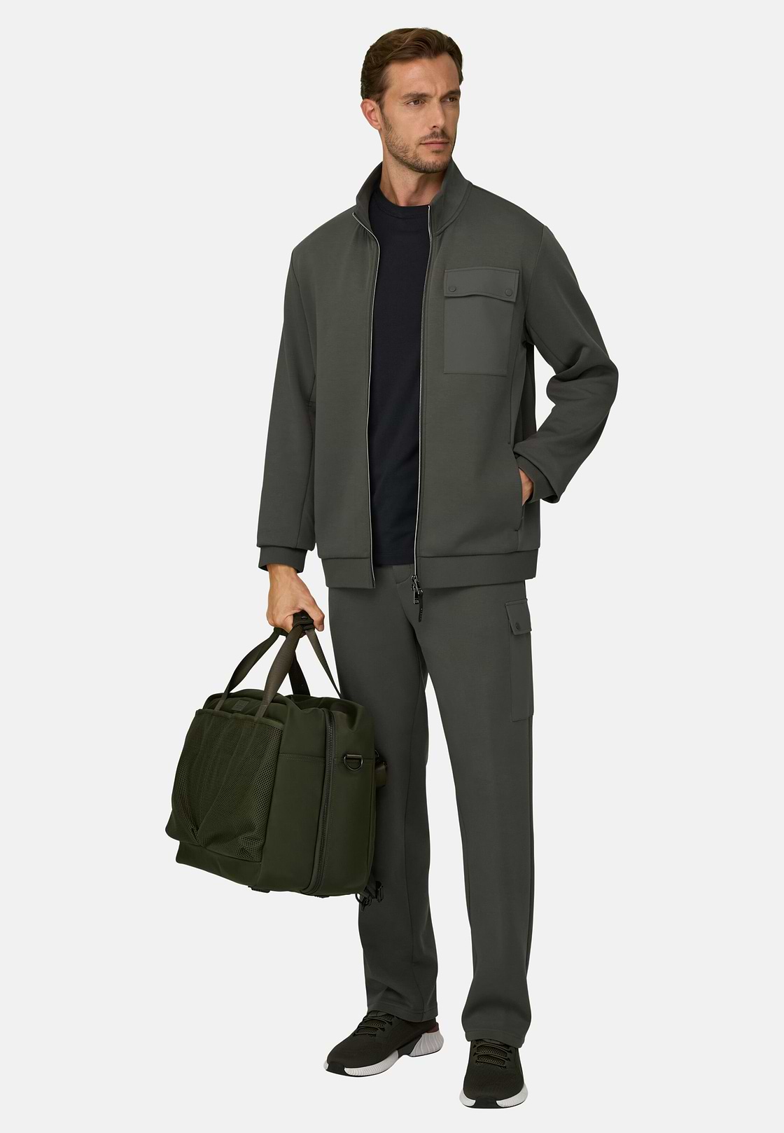 Felpa Full Zip in Misto Cotone Scuba B Tech, Militare, hi-res, 2