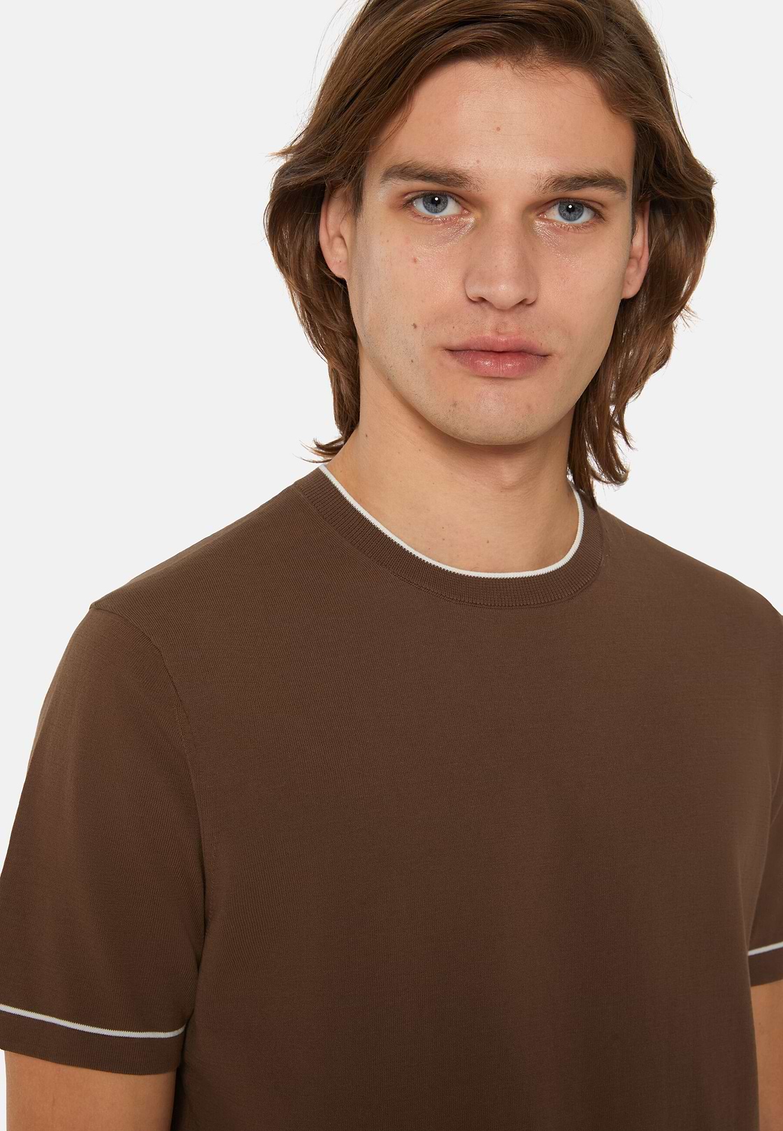 Brown Cotton Crepe Knit T-shirt, Brown, hi-res