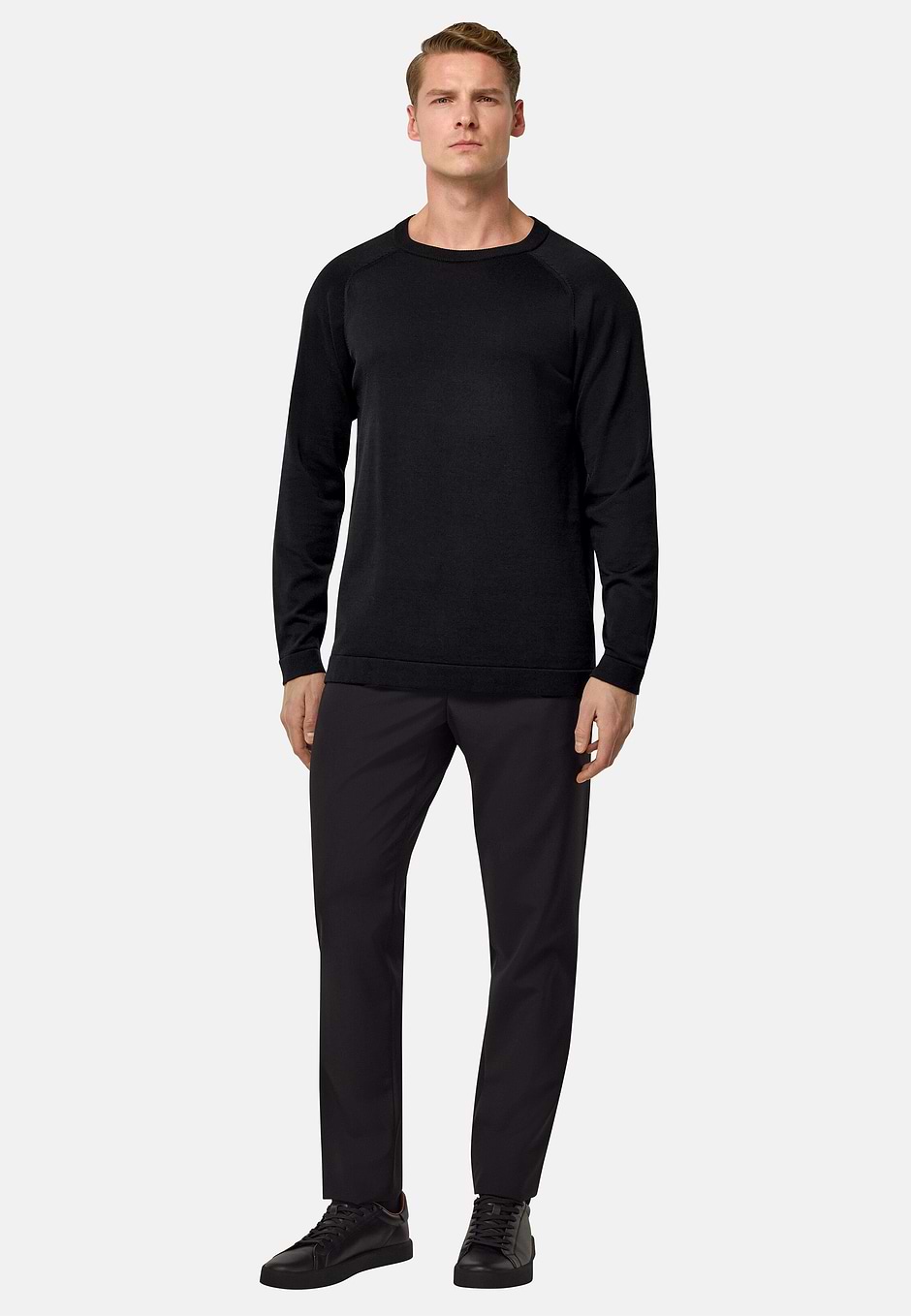 Cotton and Silk Crew Neck Jumper, Black, hi-res