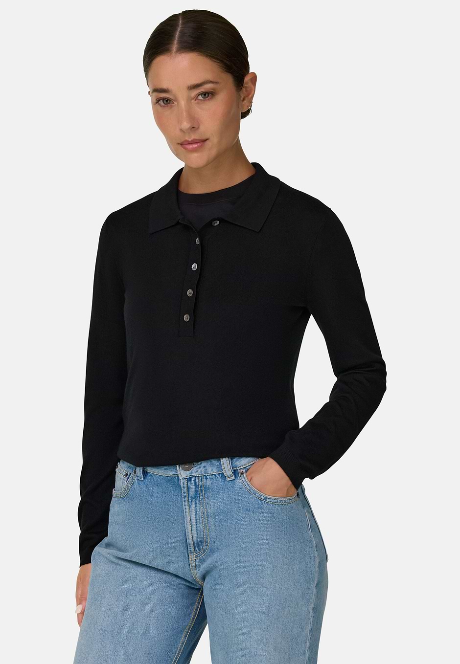 Jersey de cuello redondo en lana merino y seda, Negro, hi-res