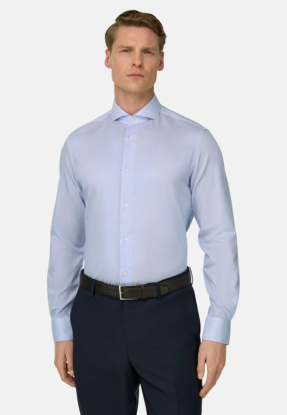 Camisa De Rayas De Algodón Slim Fit, Azul claro, hi-res