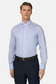 Camicia A Righe In Cotone Slim Fit, Azzurro, thumb, 1