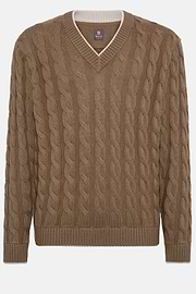 Brown V Neck Jumper In Organic Cotton Wool, Brown, hi-res