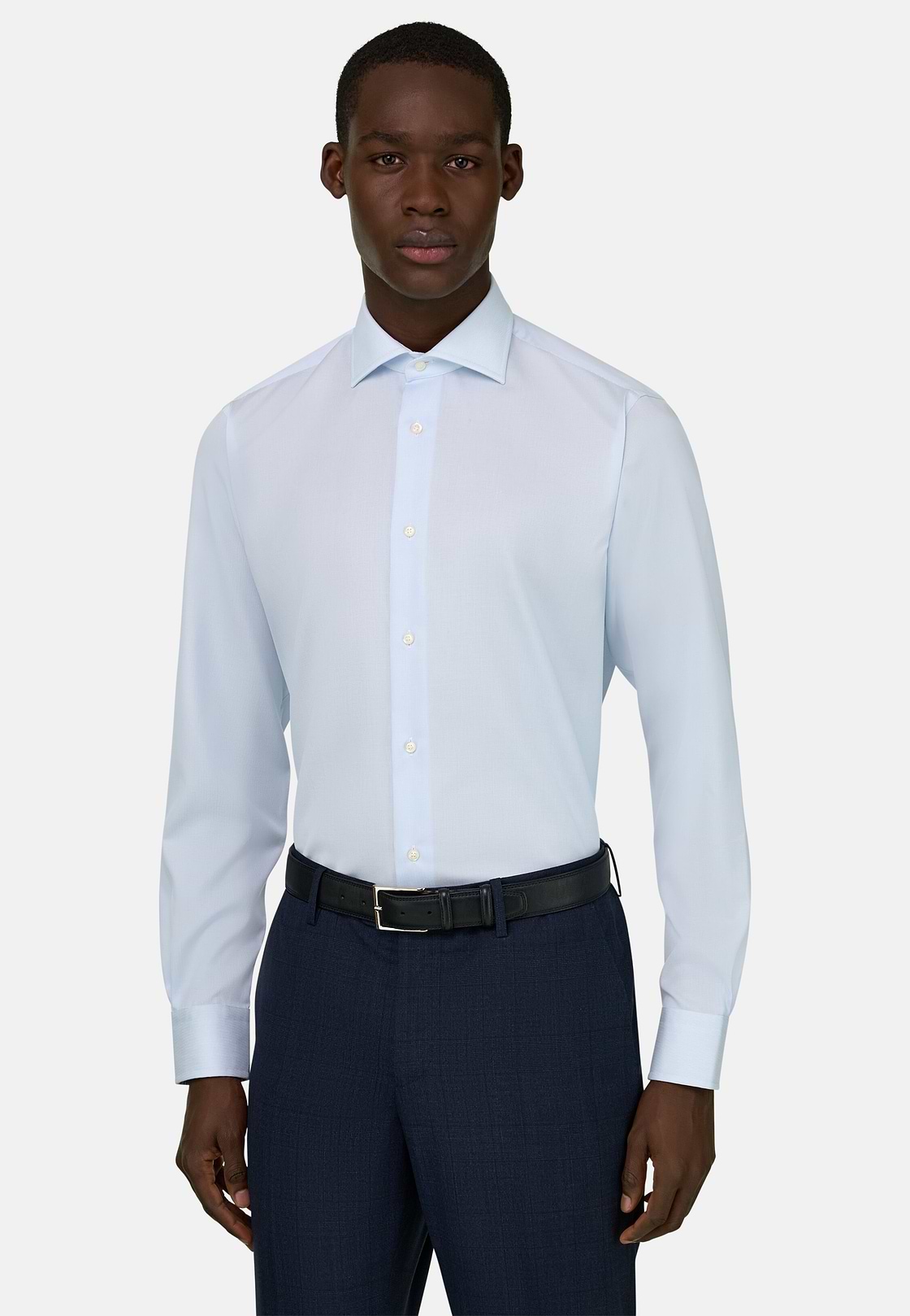 Camicia In Cotone Slim Fit, Azzurro, hi-res, 1