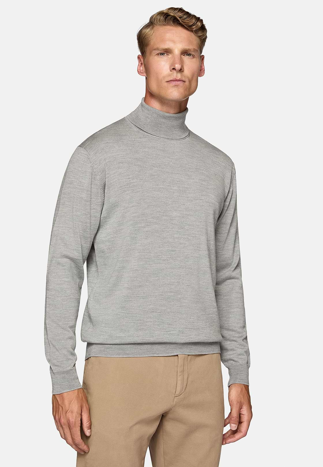 Camisola de gola de polo em lã de merino cinza, Grey, hi-res