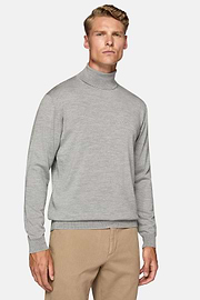 Grey Merino Wool Polo Neck Jumper, Grey, hi-res