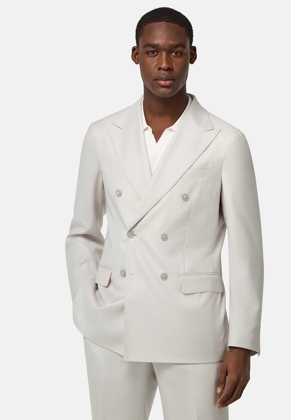 Double-Breasted Grisaille Suit in Pure Wool, Ice, hi-res
