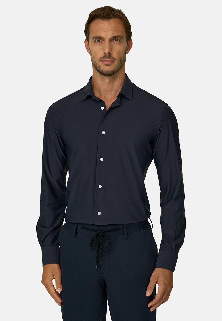 Chemise Noire En Nylon Stretch Slim Fit, bleu marine, hi-res