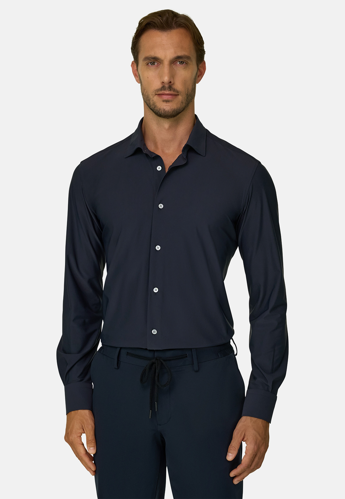 Navy Stretch Nylon Slim Fit Shirt, Navy blue, hi-res, 1