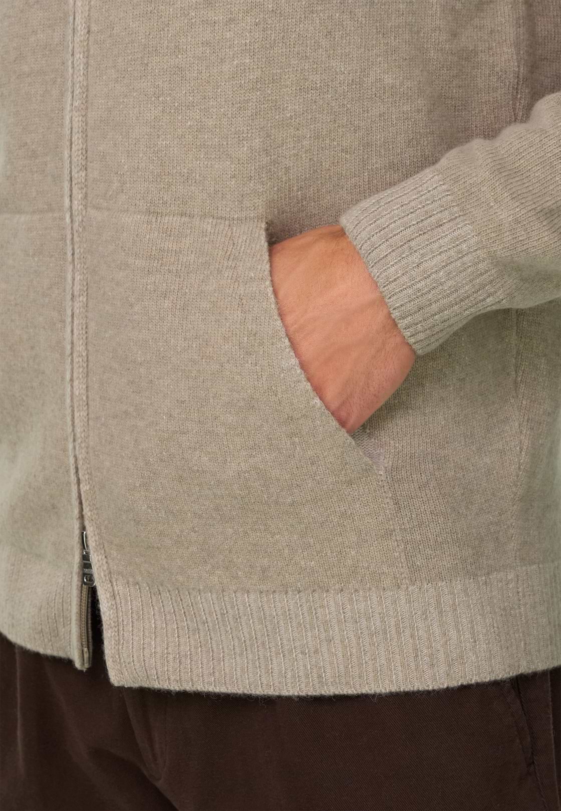 Roll Neck Jumper Full-Zip Cashmere Blend Plated, Beige, hi-res, 3