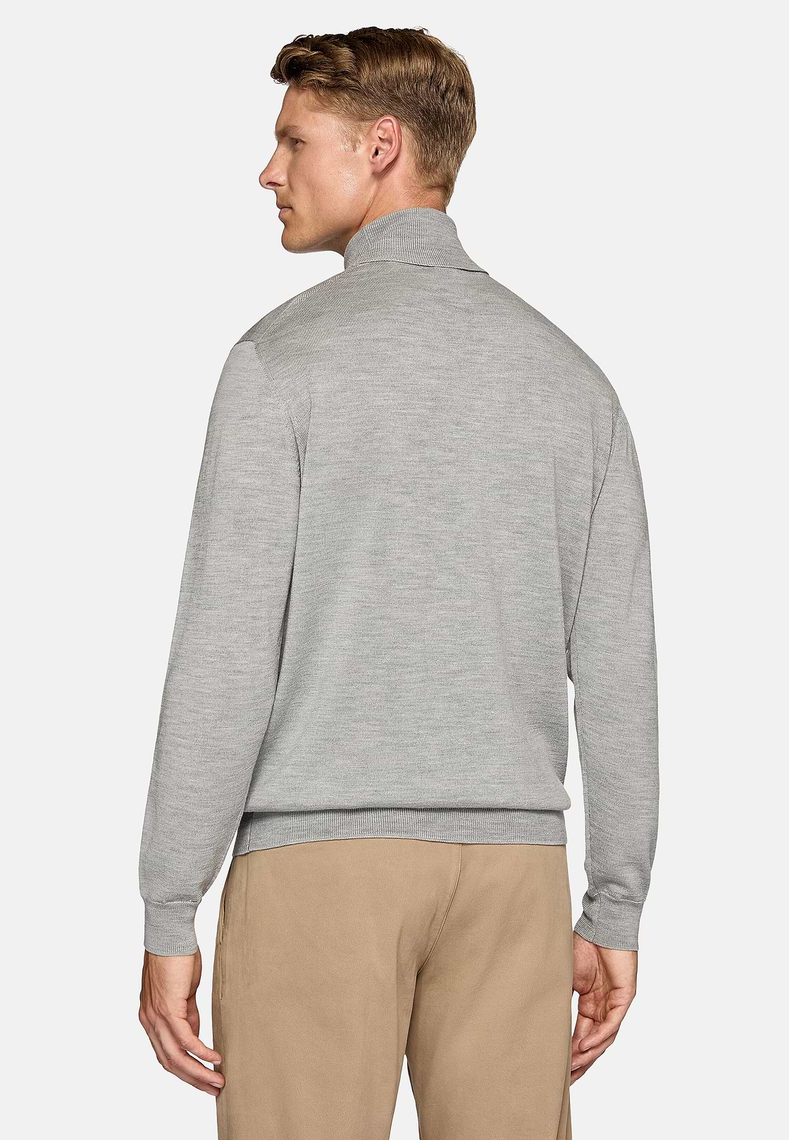 Camisola de gola de polo em lã de merino cinza, Grey, hi-res