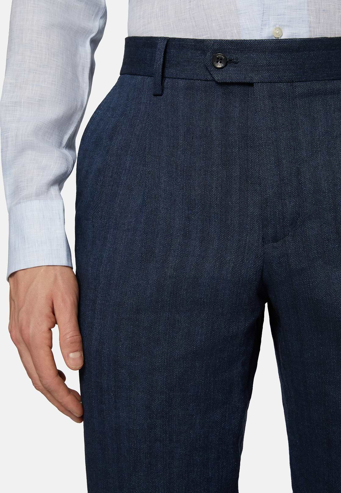 Navy Double-Breasted Suit In Cotton Linen, Navy blue, hi-res