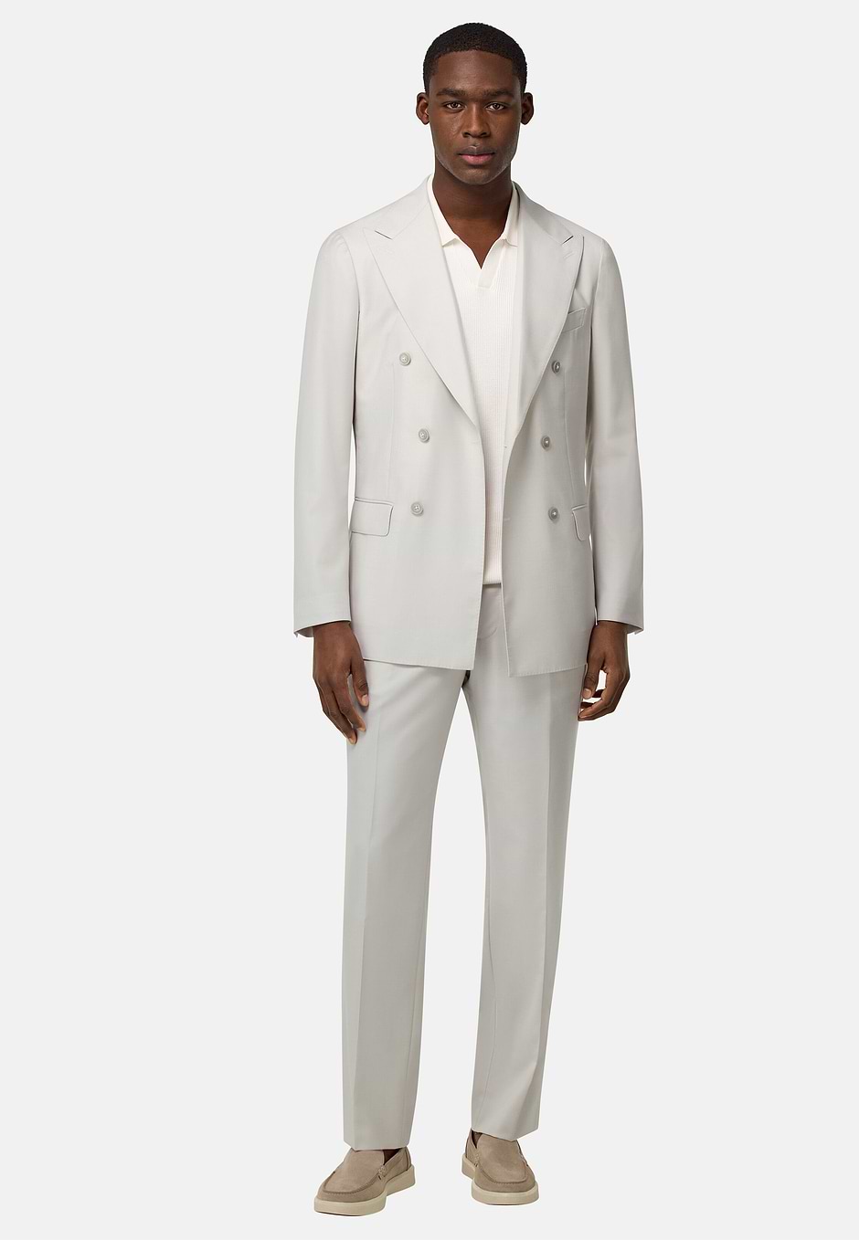 Double-Breasted Grisaille Suit in Pure Wool, Ice, hi-res