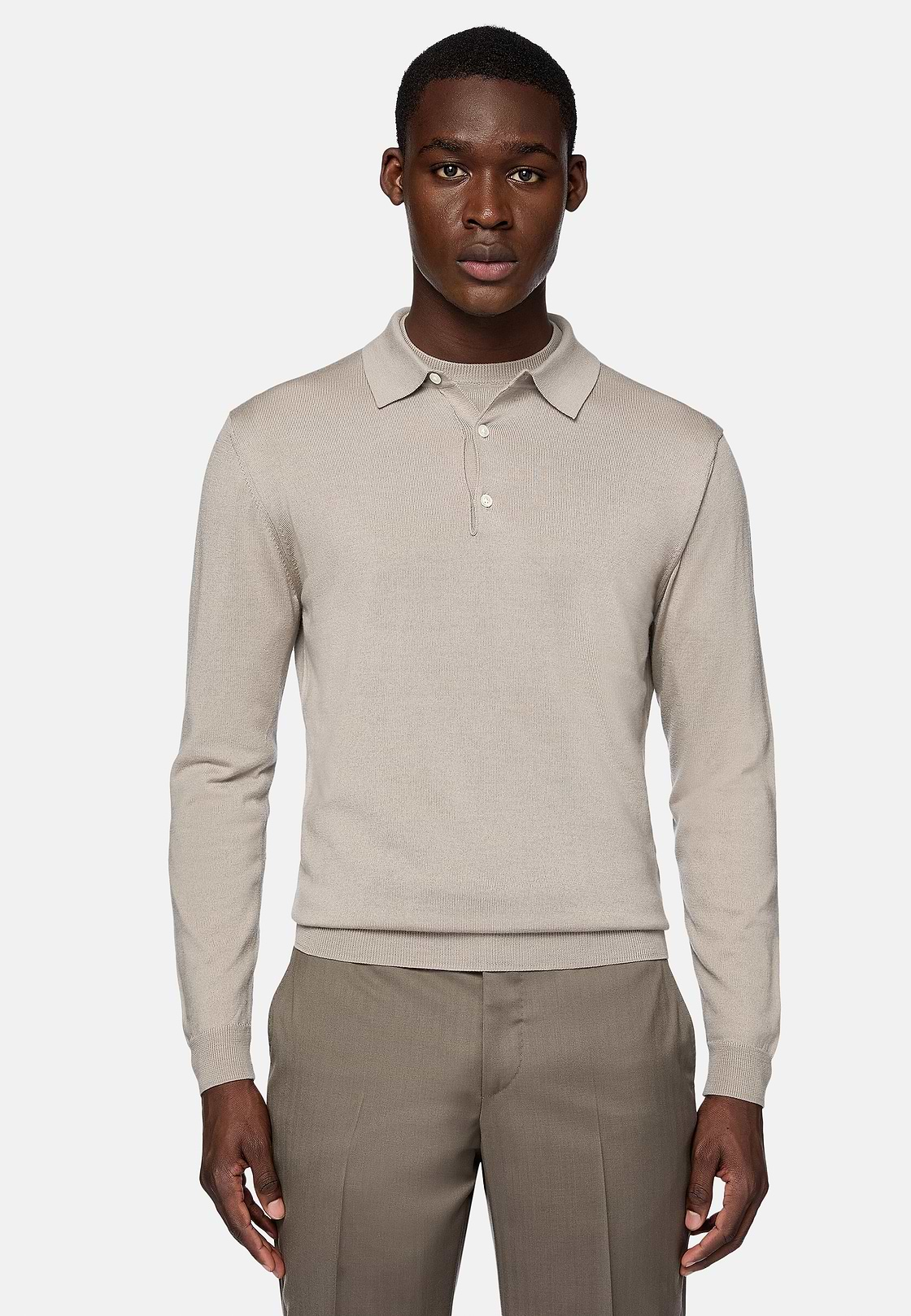 Sand Merino Wool Knitted Polo Shirt, Sand, hi-res