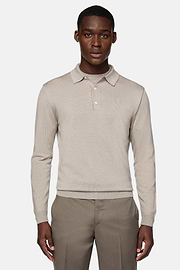 Sand Merino Wool Knitted Polo Shirt, Sand, hi-res