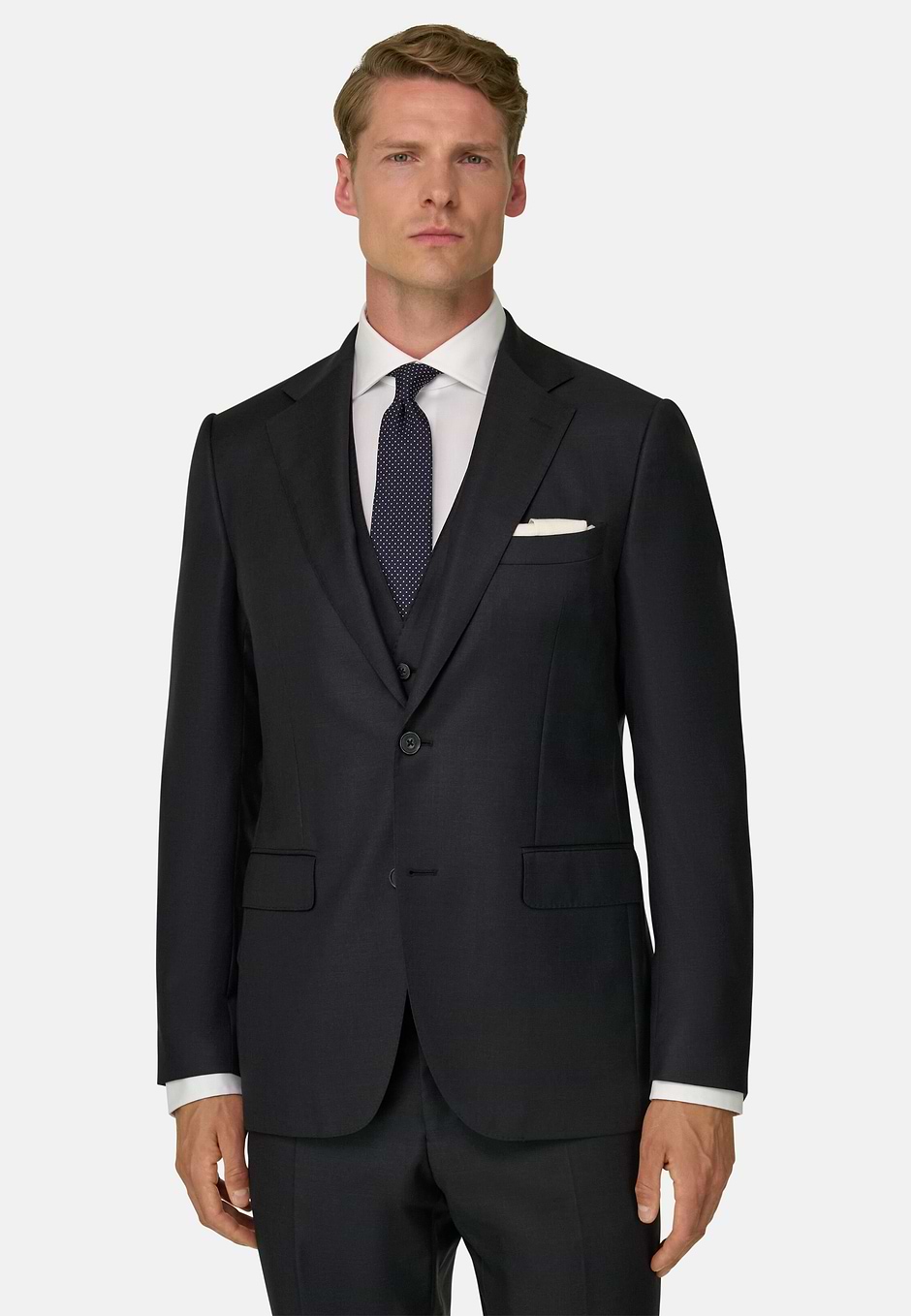 Navy Blue Super 130 Wool Jacket, Charcoal, hi-res
