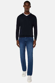 Jean En Denim Extensible Bleu À Délavage Moyen, Indigo, hi-res