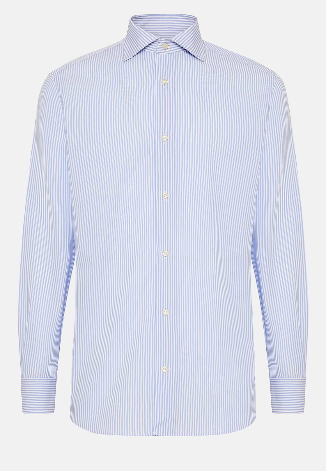 Camicia A Righe Azzurre In Cotone Dobby Slim Fit, Azzurro, hi-res