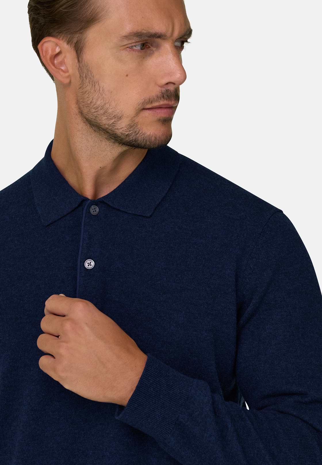 Knitted Polo Shirt in Cashmere Wool, Navy blue, hi-res, 3