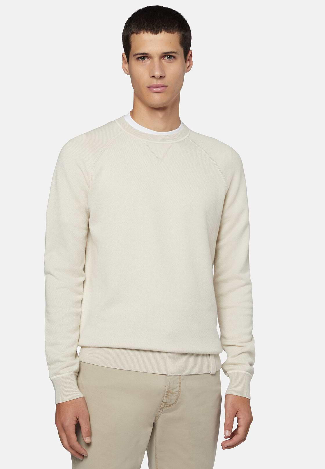 Sand Crew Neck Jumper in Cotton, Silk and Cashmere, Sand, hi-res