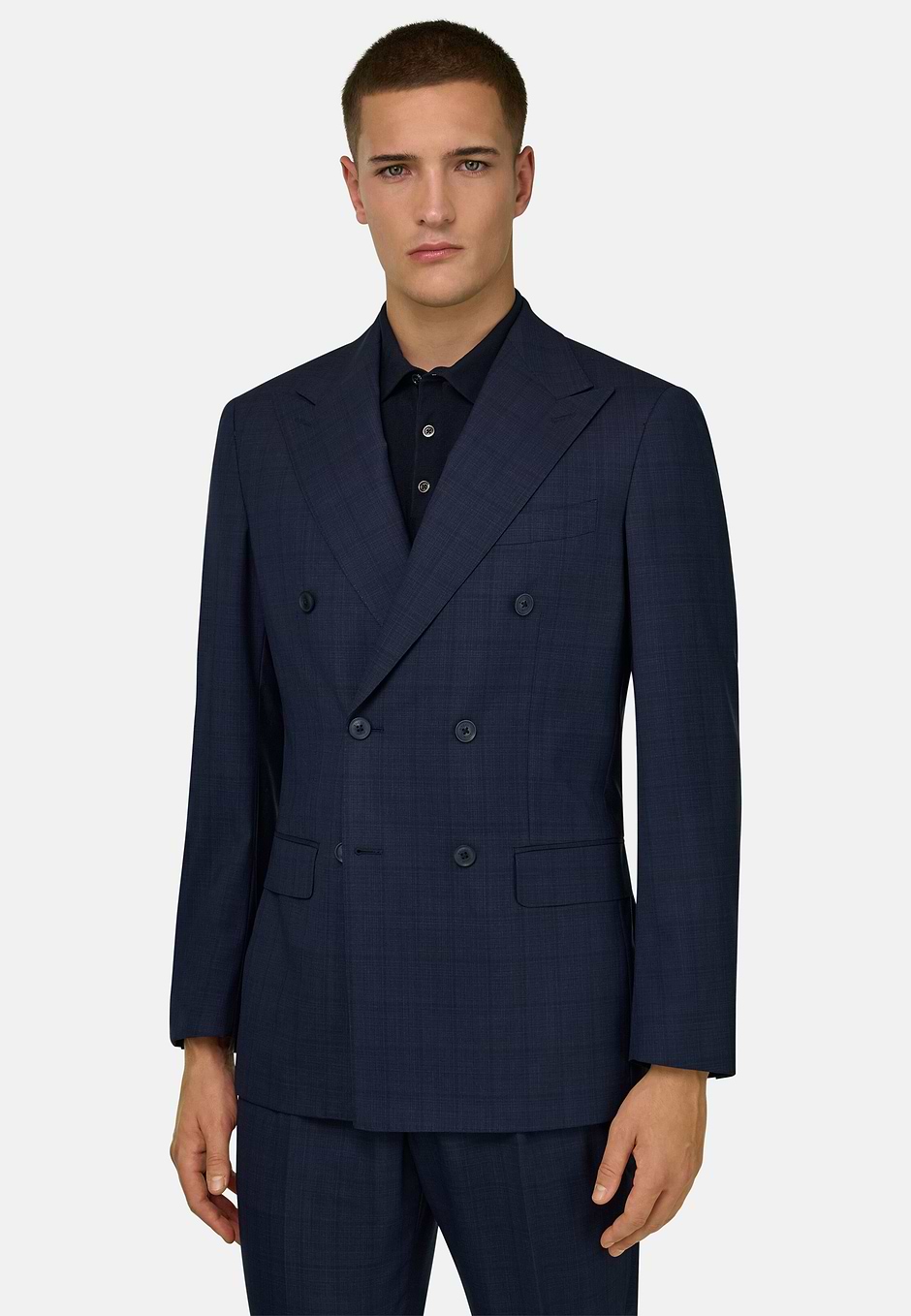 Prince of Wales Check Double-Breasted Suit in Pure Wool, Navy blue, hi-res