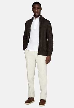 Brown Mixed Stitch Merino Wool Full Zip Jumper