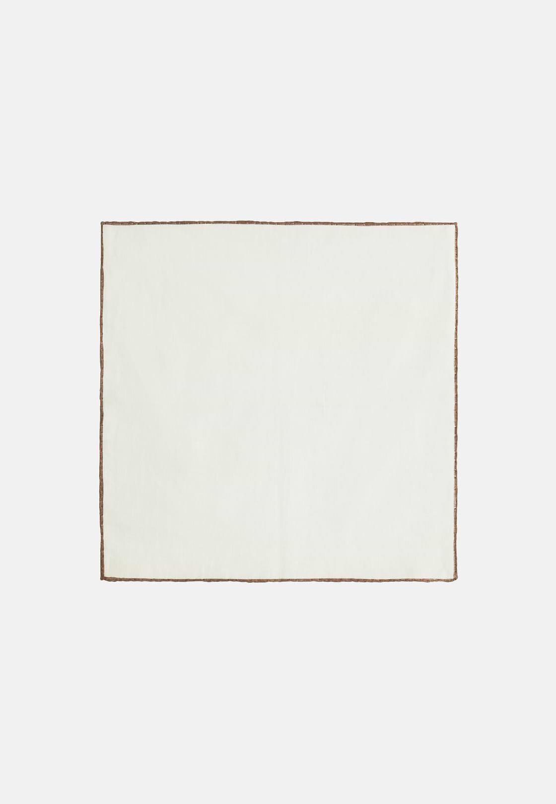 Linen Pocket Square With Contrasting Piping, White - Brown, hi-res