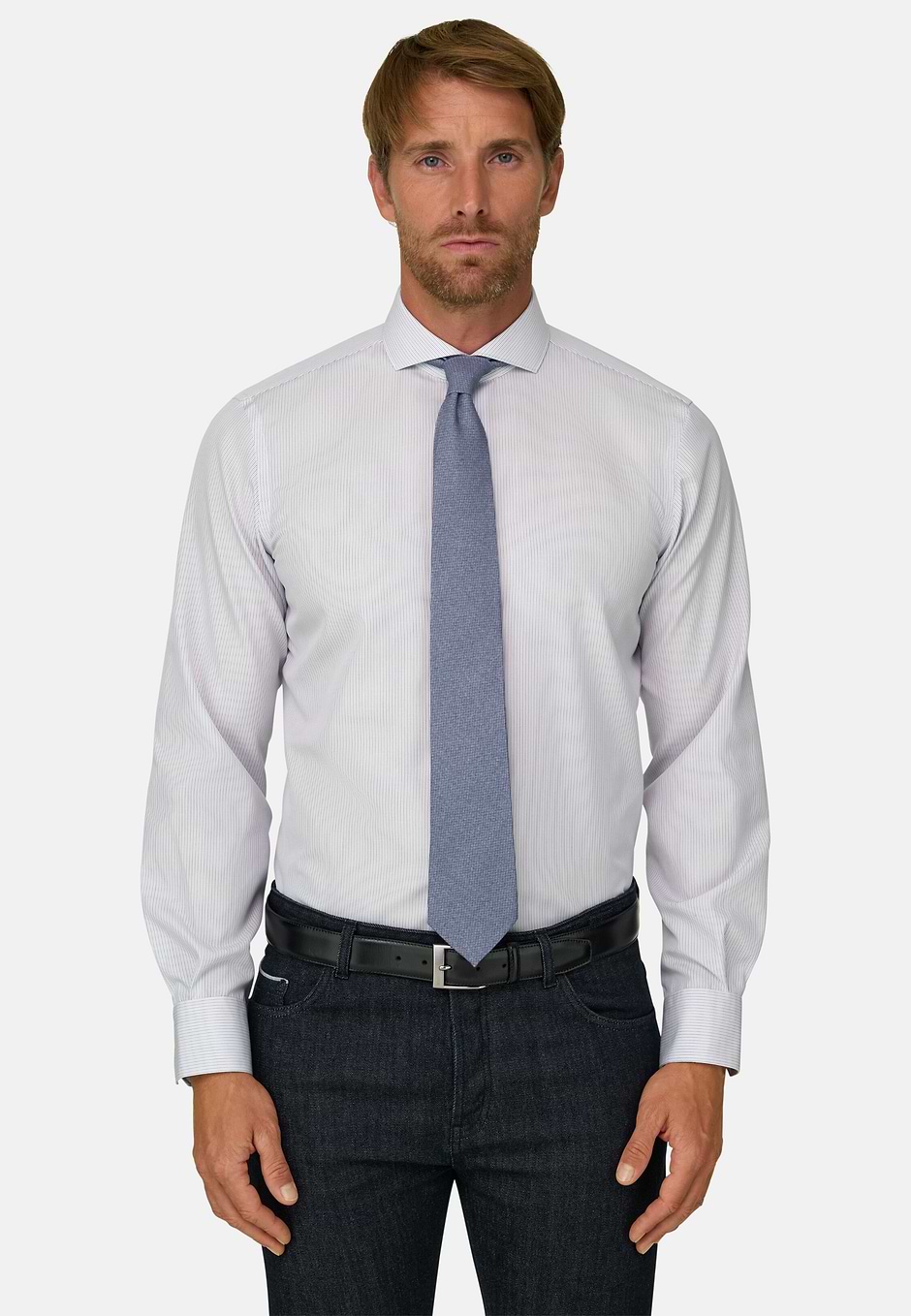Striped Non-Iron Cotton Slim Fit Shirt, Brown, hi-res