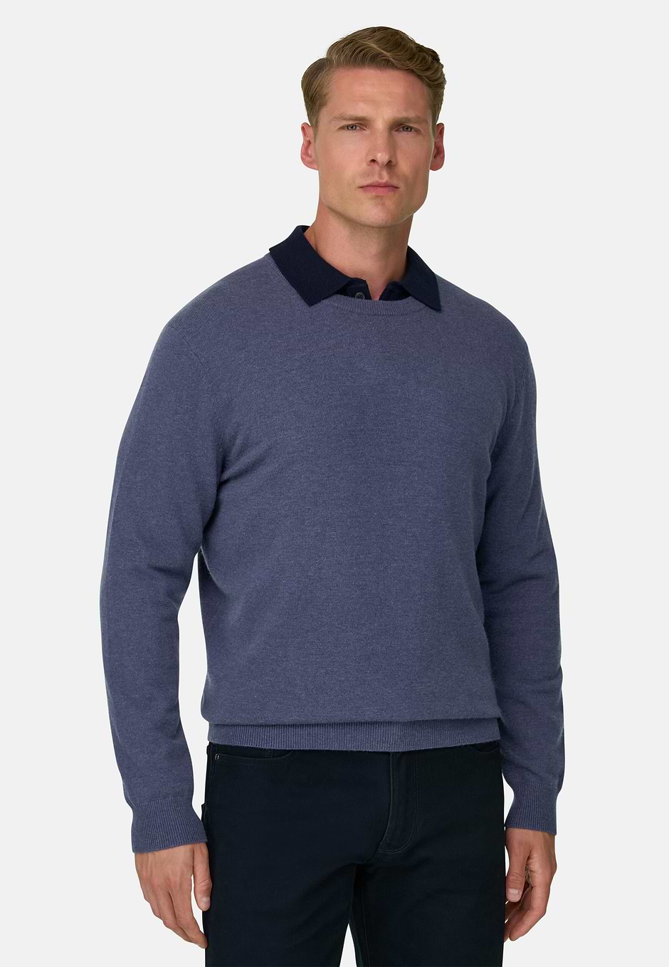 Jersey de cuello redondo en mezcla cashmere, Índigo, hi-res