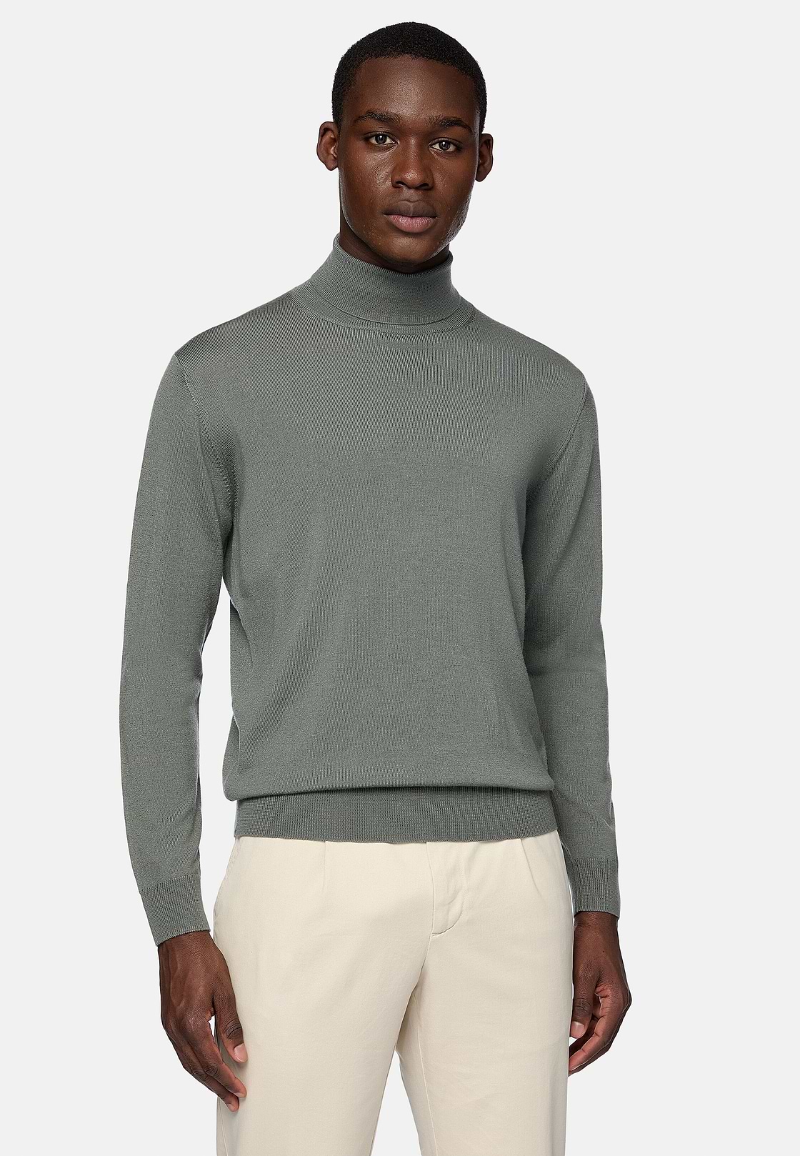 Green Merino Wool Polo Neck Jumper, Green, hi-res