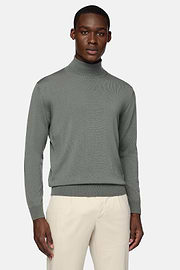 Green Merino Wool Polo Neck Jumper, Green, hi-res