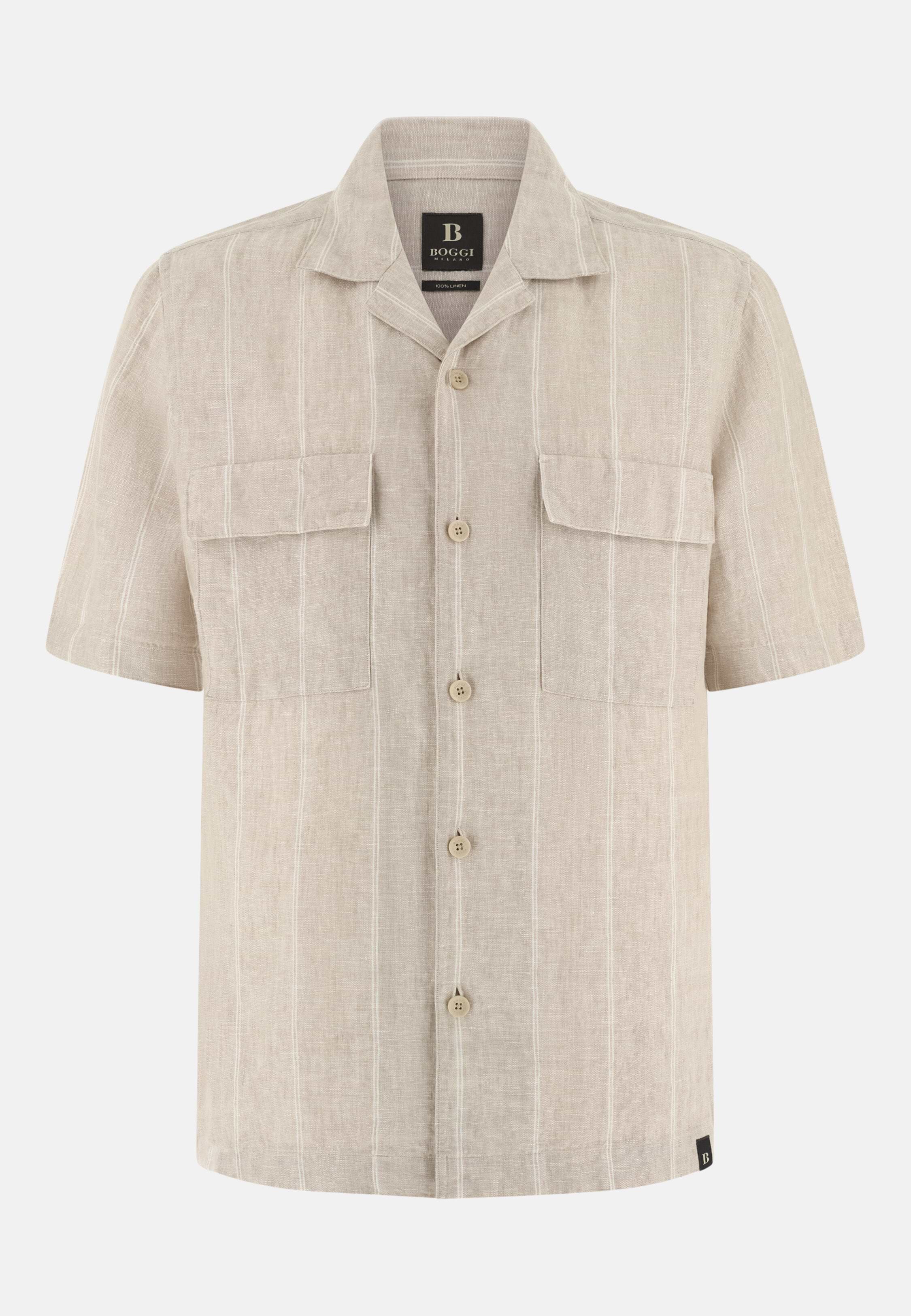 Men's Regular Fit Pinstripe Linen Shirt, Sand | Boggi Milano
