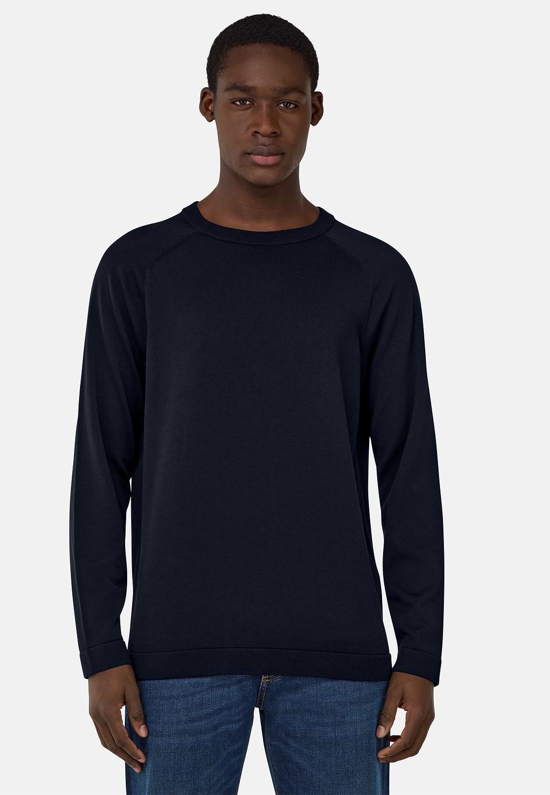 Cotton and Silk Crew Neck Jumper, Navy blue, hi-res
