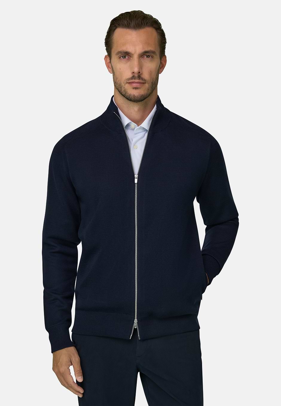 Full-Zip-Pullover aus Merino-Mischgewebe WOOLTECH, Navy blau, hi-res