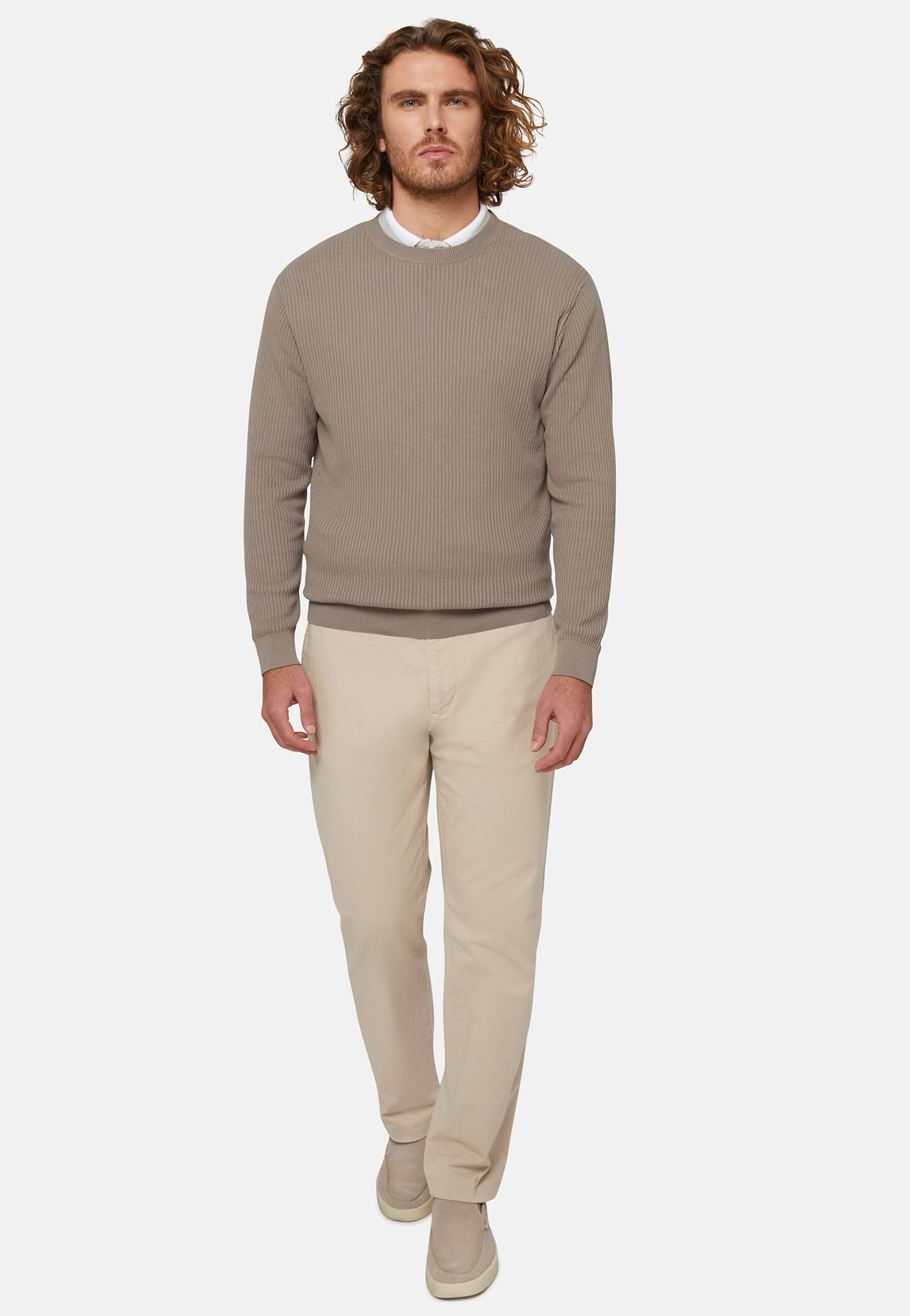 Dove Grey Crew Neck Cotton Jumper, Taupe, hi-res