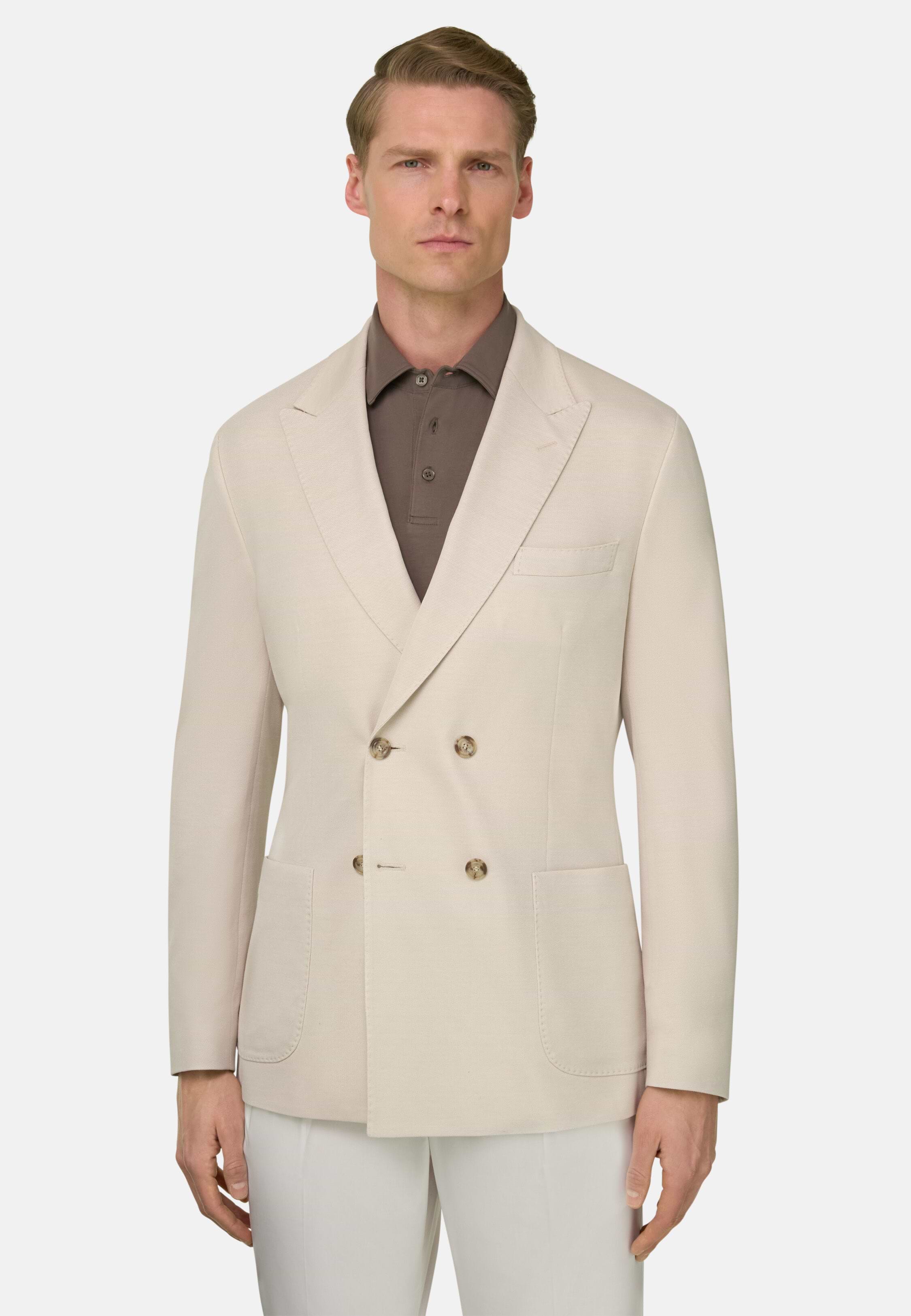 BROOKLYN, Sand | Micro Textured Double-Breasted Jacket in Pure Cotton