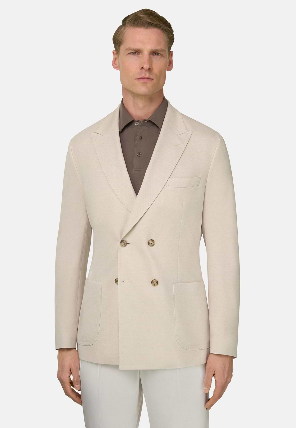 Micro Textured Double-Breasted Jacket in Pure Cotton, Sand, hi-res, 2