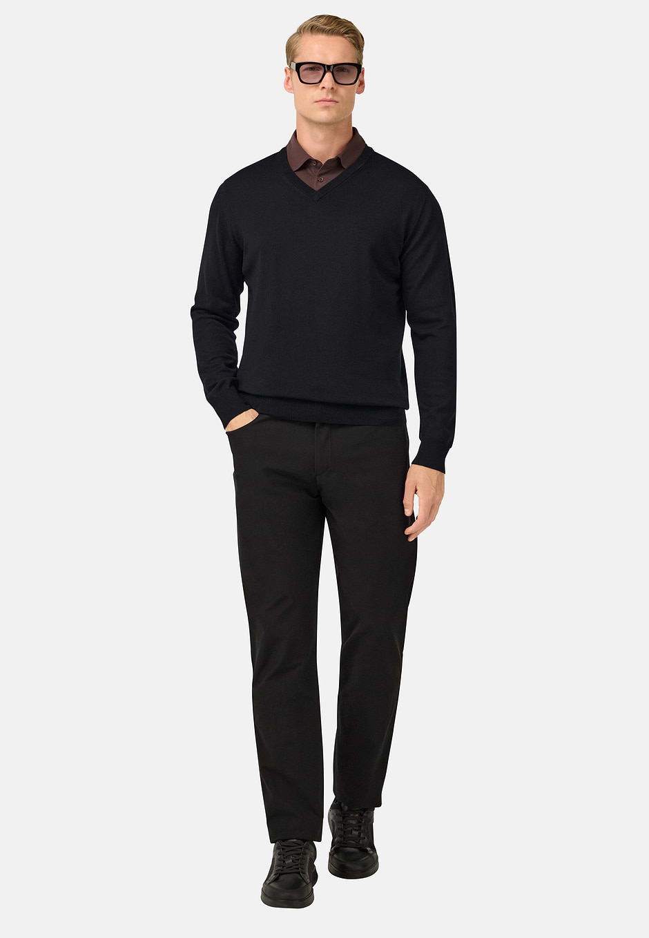 Merino Wool V-Neck Jumper, Black, hi-res
