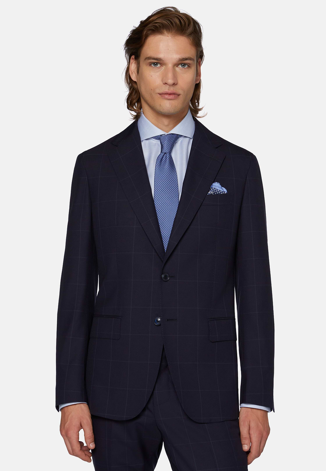 Navy Blue Windowpane Check Suit In Pure Wool, Navy blue, hi-res