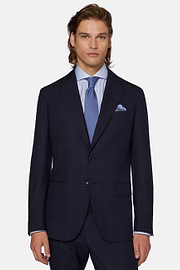 Navy Blue Windowpane Check Suit In Pure Wool, Navy blue, hi-res