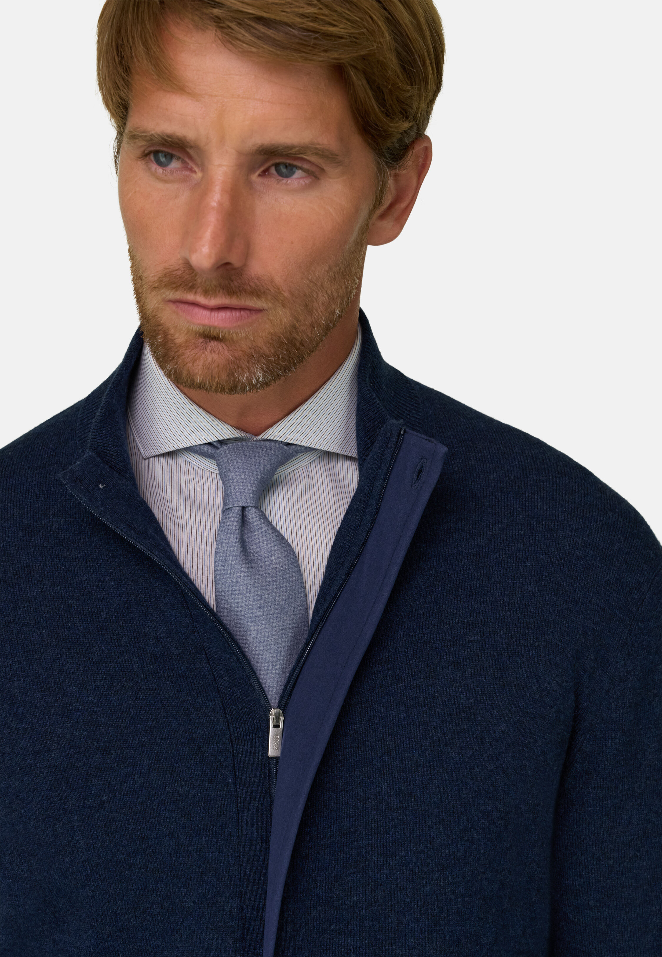 Men's Roll Neck Jumper Full-Zip Wool Cashmere Mélange, Navy blue