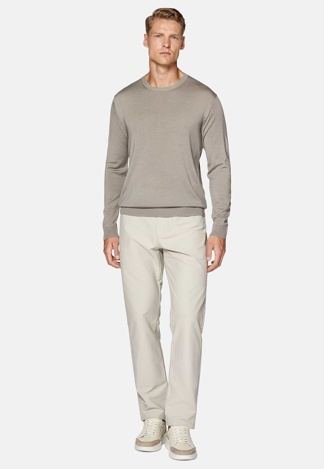 Taupe Crew Neck Jumper in Superfine Merino Wool, Taupe, hi-res